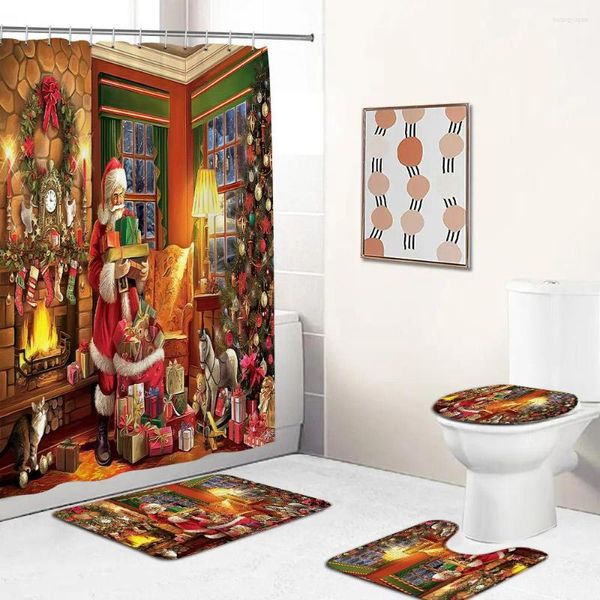 Rideaux de douche Noël rideau tapis de bain ensemble père noël cheminée hiver peinture à l'huile année salle de bain décor antidérapant toilette couvercle tapis