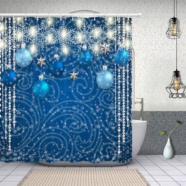 Cortinas de ducha Cortina de Navidad Decoración de baño Bolas azules Estrellas plateadas Luces Copo de nieve Año Festival de invierno Pantallas de bañera Hoo249n