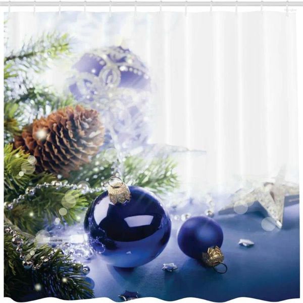 Rideaux de douche Rideau de Noël Coloré Ton bleu Ornements Motif imperméable avec crochets Tissu Décoration de salle de bain