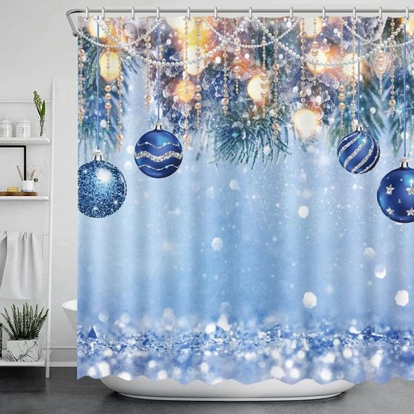 Cortinas de ducha Cortina de Navidad para decoraciones de baño Ganchos Bolas azules Ramas de árboles de Navidad Conjuntos de accesorios de baño de poliéster