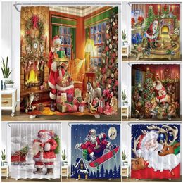 Cortinas de ducha Cortina de Navidad Fun Santa Claus chimenea de árboles de Navidad Regalo Oil Painting Art Invierno Año de la tela de vacaciones Decoración del baño