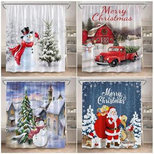 Douchegordijnen kerstgordijn Funny Snowman Santa Claus Truck Kerstmis Tree Winter Sneeuwscène Home Badkamer Decor Doek Hanging