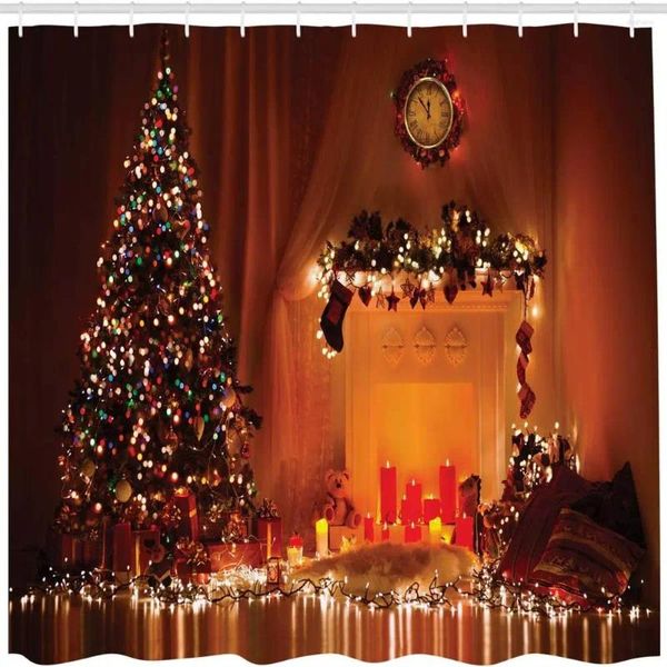 Cortinas de ducha Cortina de Navidad Habitación romántica con vela Regalo Patrón de juguete Gancho Tela impermeable Decoración de baño