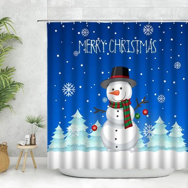 Cortinas de ducha Cortina de Navidad Conjunto de dibujos animados Lindo Muñecos de nieve Pino Nieve Copos de nieve Azul Baño Decoración de Navidad Tela Ganchos de tela