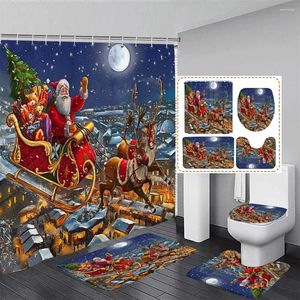 Rideaux de douche Curtain de Noël Ensemble drôle de santa clause Reindeer de Noël Tree Night Scene de salle de bain Dorce de salle de bain Tapis de bain Baignoire