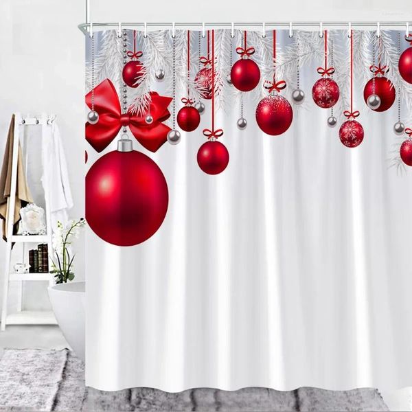 Cortinas de ducha Conjunto de cortinas de Navidad Bolas de Navidad rojas Fir Holidays Decoración Tela Gancho Accesorios de baño Conjuntos