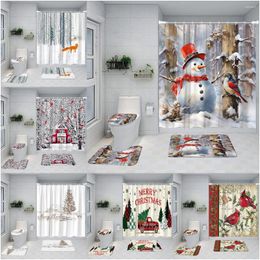 Douchegordijnen kerstgordijn winter sneeuwman boerderij rode vogel schuur sneeuw truck cartoon badkamer mat decoratie set