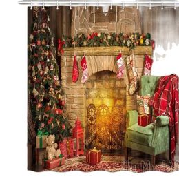 Cortinas de ducha Decoración navideña de Ho Me Lili Cortina de Navidad Chimenea de árboles Año Aguardar Accesorios de baño de tela de poliéster