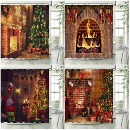 Cortinas de ducha Chimenea navideña Tree Tree Regalo Año de la pared colgante de poliéster tela Decoración de la cortina del baño con ganchos