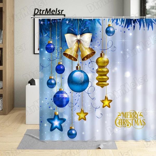 Cortinas de ducha Navidad para la decoración del baño Bola de cuerda azul Campanas de oro Estrellas Año creativo Tela Hogar Navidad Conjunto colgante de pared