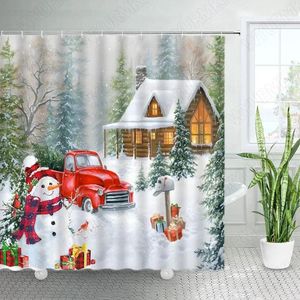 Rideaux de douche Noël drôle bonhomme de neige forêt ferme camion rouge arbre de Noël hiver paysage année tissu salle de bain décoration ensemble
