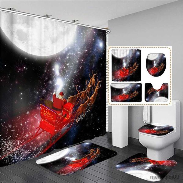 Rideaux de douche Noël rouge arc imprimé rideau de douche salle de bain rideaux de Noël Festival décoration piédestal tapis tapis de bain R231101