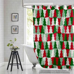 Rideaux de douche Christmas Curtain vert rouge résumé arbre géométrique imprimé Tissu polyester salle de bain étanche avec crochets