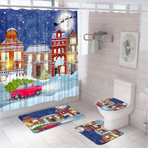Douche gordijnen kerstmis rode vrachtwagen gordijn set rustieke auto boerderij kerstboom winter sneeuwvlok badkamer decor bad mat vloerkleed toiletomslag