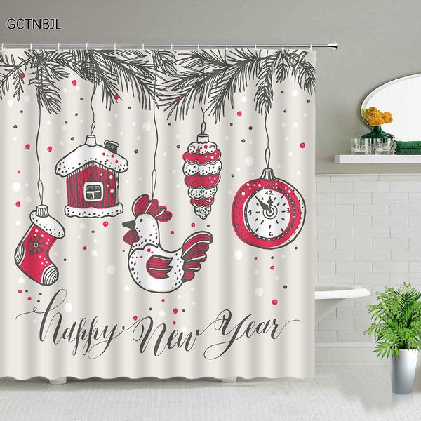 Cortinas de ducha Navidad Gallo Ramas de pino Ilustración de dibujos animados Regalo de Navidad para niños Baño en casa Baño 220922