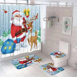 Rideaux de douche Christmas Santa Claus Curtain mignon Reindeer cadeau Oiseau d'hiver Snowflake salle de bain de salle de bain tapis de bain de toilette Couvercle