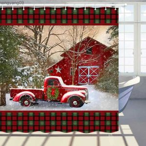 Douchegordijnen Kerst Douchegordijn Vintage Rode Vrachtwagen en Vakantiebomen met Sneeuwstof Badkamer Badgordijnen met R231114