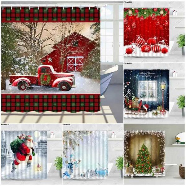 Rideaux de douche Rideau de douche de Noël Vintage rouge camion grange et arbres de vacances avec neige tissu polyester salle de bain rideaux de bain avec crochets