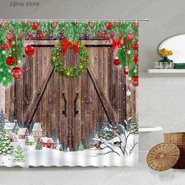 Douchegordijnen Kerst Douchegordijnen Creatieve Vintage Boerderij Schuur Houten Deur Kerst Krans Winter Nieuwjaar Badkamer Decor Badgordijn Sets Y240316