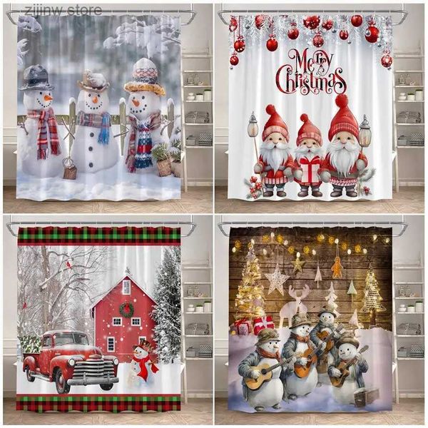 Rideaux de douche Rideaux de douche de Noël drôle bonhomme de neige père Noël ferme camion rouge hiver noël salle de bain rideau décor tissu polyester avec crochets Y240316