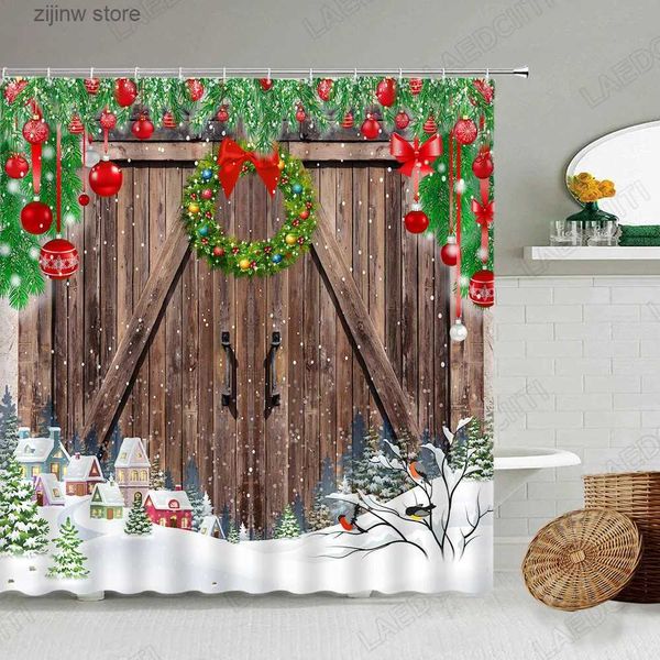Rideaux de douche Rideaux de douche de Noël créatif vintage ferme grange porte en bois couronne de Noël hiver nouvel an décor de salle de bain ensembles de rideaux de bain Y240316