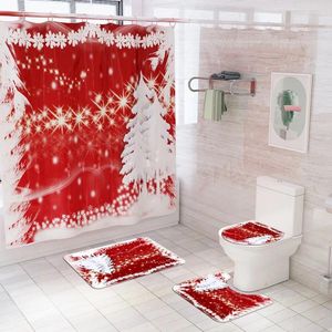 Douchegordijnen kerstboompatroon badkamer set waterdichte polyester rood gordijn toiletbedekking mat non slip vloerkleed badkuip decor