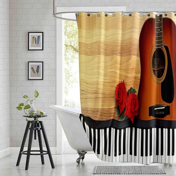 Rideaux de douche Guitare classique Rose Rideau Saint Valentin Love Song Tissu en polyester imprimé Salle de bain imperméable avec crochets