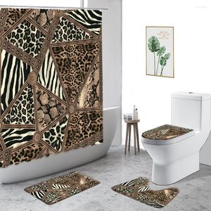 Rideaux de douche café couleur imprimé léopard étanche Design géométrique salle de bain 4 pièces tapis de bain couverture de toilette tapis rideau décor