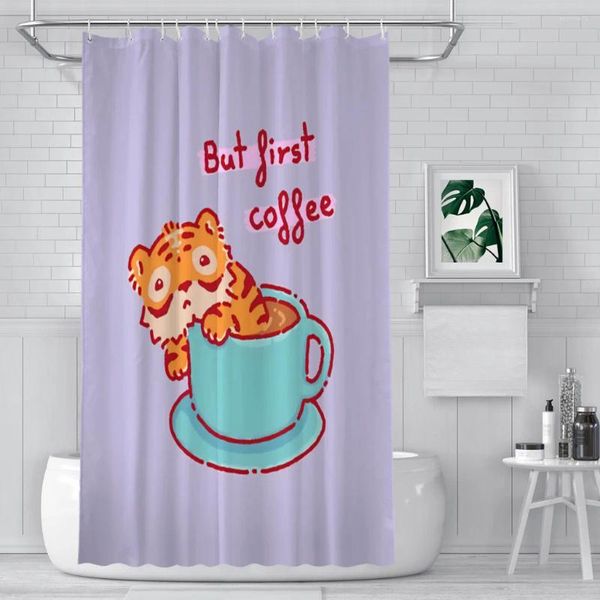 Rideaux de douche tasse de café salle de bain tigre animal amateur imperméable rideau rideau de décoration intérieure drôle accessoires