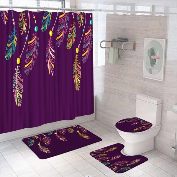 Rideaux de douche coloré cohémie rideau de plumes ensemble et ethnique boho maison de salle de bain violette écran de sol de piste de salle de bain couvercle de siège de toilette