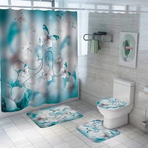 Rideaux de douche coloré papillon rideau 3D impression tapis de bain ensemble tapis imperméables pour filles maison salle de bain décor fleurs