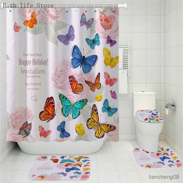 Cortinas de ducha Colorida mariposa flor baño impermeable cortina de ducha y cubierta de asiento alfombra antideslizante alfombra decoración del hogar R230825