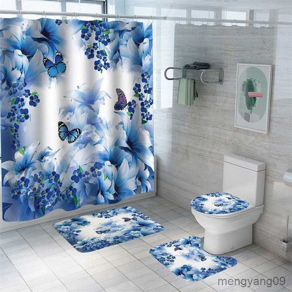 Cortinas de ducha Cortina de ducha de mariposa colorida Cortina de baño con impresión 3D Impermeable para niñas Mujeres Decoración del baño del hogar Flores Cortinas de baño R230830