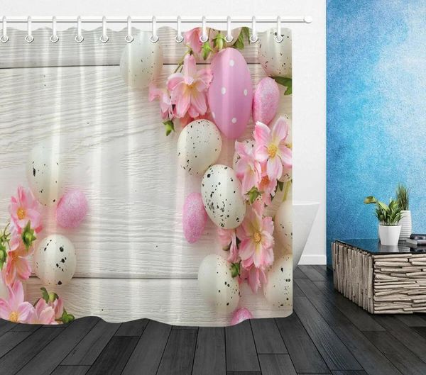 Cortinas de ducha huevos coloridos felices flores de pascua baño impermeable tela colocación