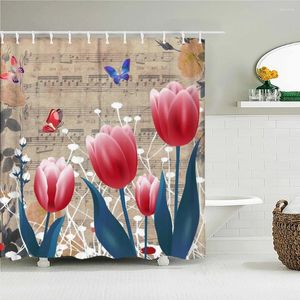 Rideaux de douche fleurs colorées avec 12 crochets tulipes rideaux de tissu imprimé floral écran de bain en polyester étanche