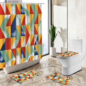 Rideaux de douche Coloré dégradé géométrique Triangle motif rideau de douche moderne abstrait Art maison tapis antidérapant couverture de toilette tapis de sol ensemble Y240316