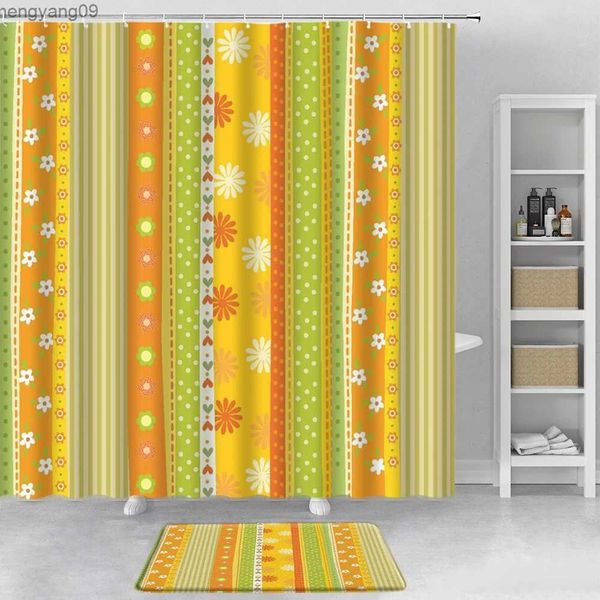 Cortinas de ducha Tela a rayas de colores Juego de cortinas de ducha para baño y alfombra de baño Estilo rojo, amarillo, negro y azul Decoración para el hogar Suministros de baño R231114