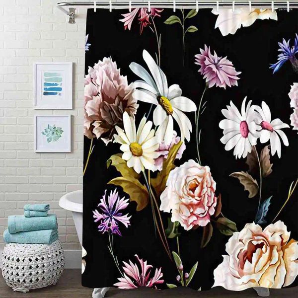 Rideaux de douche Rideau de fleurs colorées Laisser des plantes avec motif floral bleu Polyester Tissu imperméable Salle de bain Décor 12 crochets
