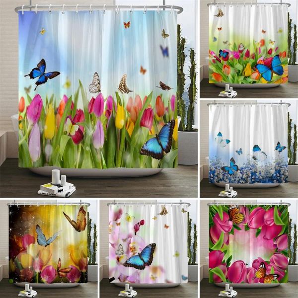 Rideaux de douche fleurs colorées en tulipe rideau de papillon naturel de la salle de bain imprimée de salle de bain imperméable écran en tissu en polyester avec crochets