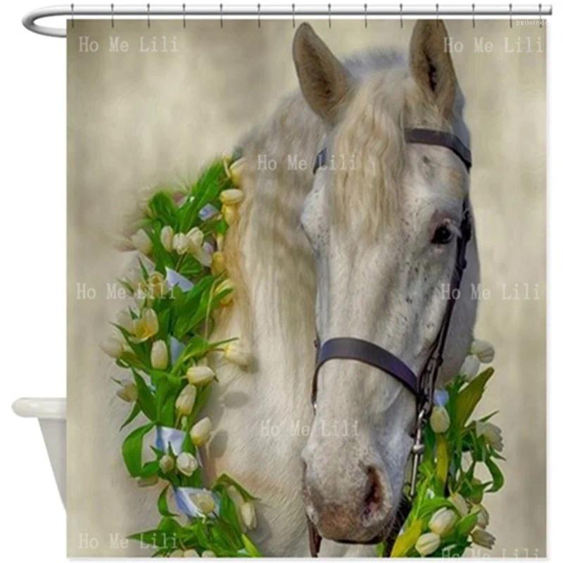 Cortinas de chuveiro Fresh e bonito Horse branco Use grinaldas em torno da cortina de pescoço 3d Art animal artes selvagem De decoração do banheiro