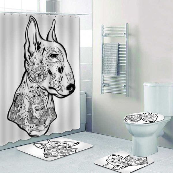 Cortinas de ducha Cool Tattoo Bullterrier Perro Retrato de Bull Terrier Baño Cortinas de ducha para baño Aseo Animal Mascota Decoración para el hogar Bañera AlfombrasHKD230626