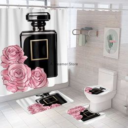 Rideaux de douche Cosmétiques Parfum et Fleur 3d Rideau De Douche 4pcs Ensemble Crochets Personnalisés Imprimé Décor Salle De Bains Étanche Couverture Écran 230820