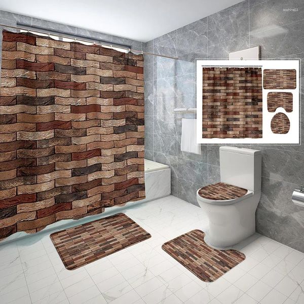 Rideaux de douche Style campagnard pierre brique mur motif rideau ensemble tapis de sol toilette imperméable salle de bain créatif D