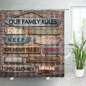 Douchegordijnen creatieve familie regels gordijn set grappige inspirerende citaten aforisme houten bord retro bakstenen muur badkamer decor