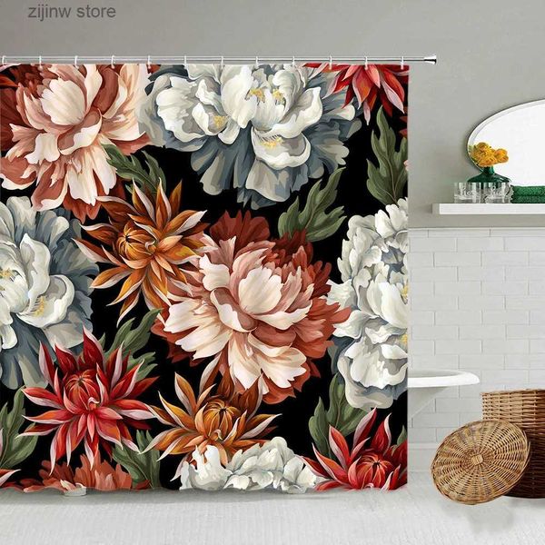 Cortinas de ducha Flores creativas Cortinas de ducha Rosa Rojo Blanco Acuarela Plantas florales Tela negra moderna Decoración de baño Conjuntos de cortinas de baño Y240316