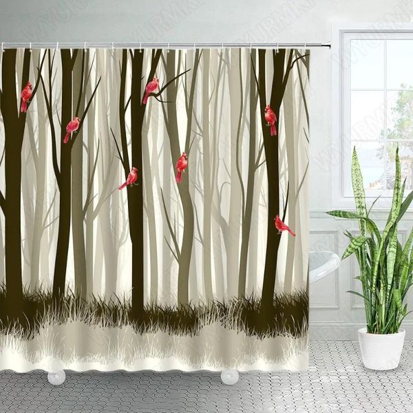 Rideaux de douche rideaux de forêt créatifs plantes d'automne arbres rouges oiseaux