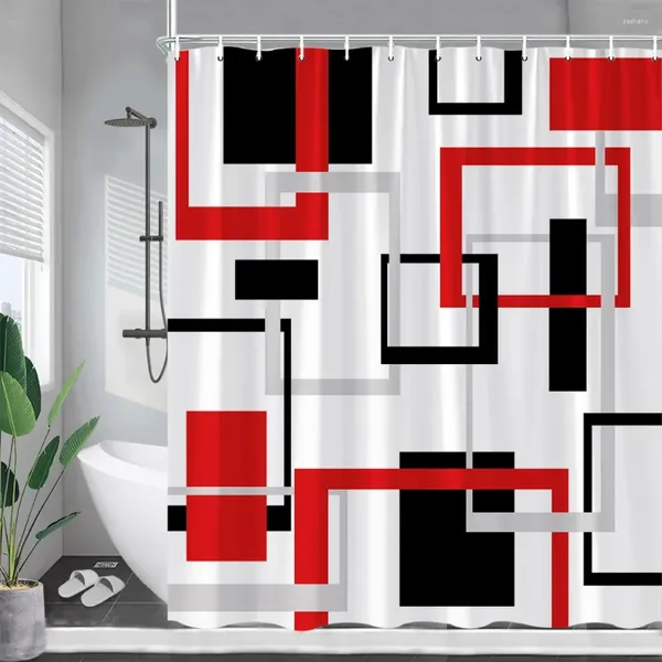 Cortinas de ducha Creativo Geométrico Rojo Negro Gris Línea Arte Patrón Moderno Minimalista Tela de poliéster Decoración de baño con ganchos