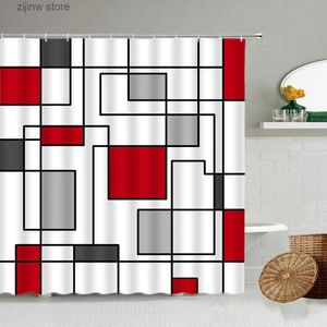 Douchegordijnen Creatief Geometrisch Douchegordijn Set Zwarte Lijn Rood Grijs Rooster Splicing Badgordijn Modern Eenvoudig Wit Doek Badkamer Decor Y240316