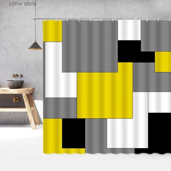 Rideaux de douche Rideaux de douche géométriques créatifs gris blanc noir jaune motif d'épissage carré moderne Simple tissu salle de bain décor ensemble crochets Y240316