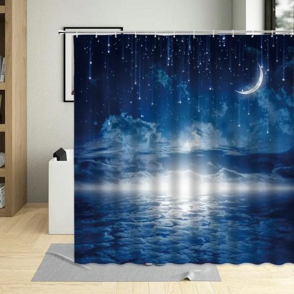 Rideaux de douche Rideau Fond paisible Bleu Nuit Ciel Lune Étoiles Beaux Nuages ​​Sea Surface Motif Baignoire avec crochets